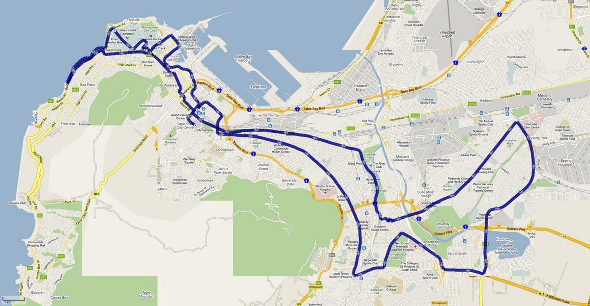harta e Cape Town maratone rrugë 