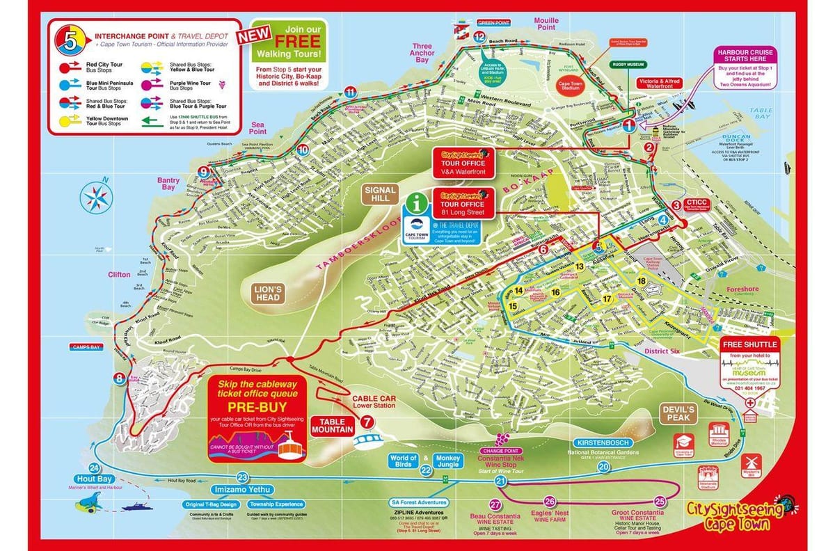 harta e Cape Town hop on hop off autobus itinerari 